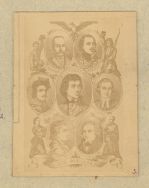 Zasłużeni dla ojczyzny &ndash; wizerunki polskich patriot&oacute;w końca XVIII w. W centrum ilustracji portret Tadeusza Kościuszki, b.d. 