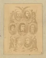 Zasłużeni dla ojczyzny &ndash; wizerunki polskich patriot&oacute;w końca XVIII w. W centrum ilustracji portret Tadeusza Kościuszki, b.d. 
