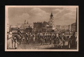 &bdquo;Przysięga Tadeusza Kościuszki na Rynku w Krakowie&rdquo;. Poczt&oacute;wka wg obrazu Michała Stachowicza, b.d. 