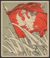 Okolicznościowa nalepka okienna przedstawiająca &bdquo;racławickie&rdquo; kosy bojowe na tle czerwonego proporca z Orłem Białym w koronie. Lit. Tow. Akc. Lw&oacute;w 1917 r. 