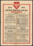 Afisz Ł&oacute;dzkiego Komitetu obchodu 100. rocznicy zgonu Tadeusza Kościuszki, zawierający program uroczystości organizowanych w mieście w dniach 13&ndash;15 X 1917 r. 
