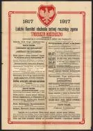 Afisz Ł&oacute;dzkiego Komitetu obchodu 100. rocznicy zgonu Tadeusza Kościuszki, zawierający program uroczystości organizowanych w mieście w dniach 13&ndash;15 X 1917 r. 