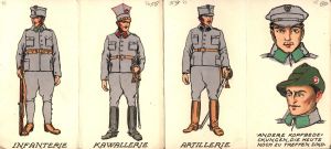 Umundurowanie w Legionach Polskich. Sylwetki piechura, ułana i artylerzysty oraz inne nakrycia głowy noszone przez żołnierzy, wyd. austriackie, b.d. 