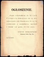 Ogłoszenie dotyczące zapisu ochotnik&oacute;w do Legion&oacute;w Polskich, wydane 12 X 1914 r. przez Stefana Boguszewskiego, komisarza Polskiej Organizacji Narodowej w Piotrkowie.