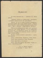 Ulotka z komunikatem żołnierzy 5 pułku piechoty Legion&oacute;w Polskich do rodak&oacute;w, napisanym w drodze do oboz&oacute;w internowania, 17 VII 1917 r.