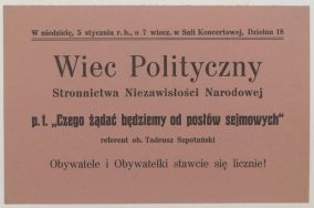 Ulotka wyborcza Stronnictwa Niezawisłości Narodowej w Łodzi, Wiec polityczny, styczeń 1919 r.