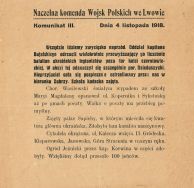 Komunikat Naczelnej Komendy Wojsk Polskich we Lwowie z dnia 4 XI 1918 r. informujący o sukcesach wojsk polskich nad Ukraińcami. 