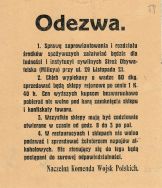 Odezwa Naczelnej Komendy Wojsk Polskich we Lwowie w sprawach: aprowizacji ludności i instytucji cywilnych, wagi i ceny chleba, godzin pracy sklep&oacute;w oraz zakazu sprzedaży alkoholu żołnierzom, b.d. 