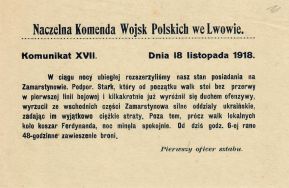 Komunikat Naczelnej Komendy Wojsk Polskich we Lwowie z dnia 18 XI 1918 r. informujący o postępach wojsk polskich na Zamarstynowie i ogłoszeniu 48-godzinnego zawieszenia broni. 