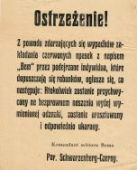 Ostrzeżenie wydane przez komendanta Sektora &bdquo;Bema&rdquo; por. Jerzego Schwarzenberg-Czernego zapowiadające karanie os&oacute;b podszywających się pod jego żołnierzy i dopuszczających się rabunk&oacute;w, 21 XI 1918 r. 