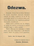 Odezwa wzywająca wszystkich dorosłych mężczyzn zwolnionych od służby wojskowej i w wieku do lat 60-ciu aby zgłaszali się do pełnienia służby w Straży Obywatelskiej, Lw&oacute;w 25 XI 1918 r.
