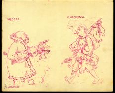 Polscy żołnierze z 4 pułku piechoty Legion&oacute;w &ndash; uczestnicy walk o Lw&oacute;w. Ilustracje w czasopiśmie &bdquo;Obijak&rdquo; z 1919 r. 