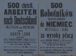 Ogłoszenie okupacyjnego Urzędu Pracy w Łodzi (Arbeitsamt) o naborze ł&oacute;dzkich robotnik&oacute;w do pracy w Niemczech. APŁ, Zbi&oacute;r druk&oacute;w i pism ulotnych, sygn. 362.