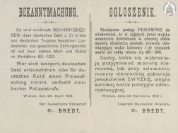 Ogłoszenie informujące o stosunku niemieckiej marki do rosyjskiego rubla oraz iż waluta niemiecka jest pełnoprawną i jedyną walutą. APŁOS, Akta gminy Dzietrzkowice w Łubnicach, sygn. 1626.
