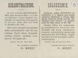 Ogłoszenie informujące o stosunku niemieckiej marki do rosyjskiego rubla oraz iż waluta niemiecka jest pełnoprawną i jedyną walutą. APŁOS, Akta gminy Dzietrzkowice w Łubnicach, sygn. 1626.