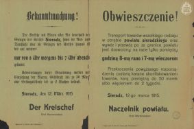 Obwieszczenie dotyczące ustalenia godzin, w kt&oacute;rych można przewozić towary na terenie powiatu sieradzkiego. Wyznaczone godziny do przewozu towar&oacute;w to pomiędzy 8 rano a 7 wieczorem APŁOS, Zbi&oacute;r druk&oacute;w i pism ulotnych, sygn. 12