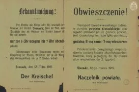 Obwieszczenie dotyczące ustalenia godzin, w kt&oacute;rych można przewozić towary na terenie powiatu sieradzkiego. Wyznaczone godziny do przewozu towar&oacute;w to pomiędzy 8 rano a 7 wieczorem APŁOS, Zbi&oacute;r druk&oacute;w i pism ulotnych, sygn. 12