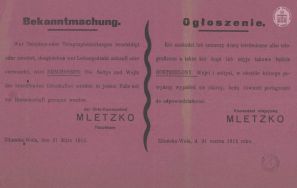 Ogłoszenie zakazujące pod groźbą rozstrzelania uszkadzania, niszczenia oraz sprzedaży drut&oacute;w telefonicznych oraz telegraficznych APŁOS, Zbi&oacute;r druk&oacute;w i pism ulotnych, sygn. 15 