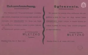 Ogłoszenie zakazujące pod groźbą rozstrzelania uszkadzania, niszczenia oraz sprzedaży drut&oacute;w telefonicznych oraz telegraficznych APŁOS, Zbi&oacute;r druk&oacute;w i pism ulotnych, sygn. 15 