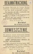 Obwieszczenie informujące niszczeniu przewod&oacute;w elektrycznych i kradzieży drutu oraz przypominające o karach za kradzieże. APŁOS, Zbi&oacute;r druk&oacute;w i pism ulotnych, sygn. 20.