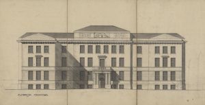 Projekt szkoły powszechnej w Łodzi przy ul. Drewnowskiej nr. 88, elewacja frontowa, 1923 r.