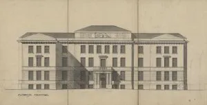 Projekt szkoły powszechnej w Łodzi przy ul. Drewnowskiej nr. 88, elewacja frontowa, 1923 r.