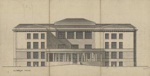 Projekt szkoły powszechnej w Łodzi przy ul. Drewnowskiej nr. 88, elewacja tylna, 1923 r.