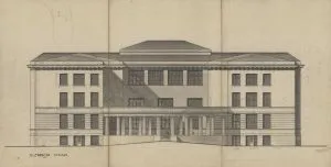 Projekt szkoły powszechnej w Łodzi przy ul. Drewnowskiej nr. 88, elewacja tylna, 1923 r.