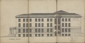 Projekt szkoły powszechnej w Łodzi przy ul. Drewnowskiej nr. 88, elewacja boczna, 1923 r.