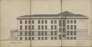 Projekt szkoły powszechnej w Łodzi przy ul. Drewnowskiej nr. 88, elewacja boczna, 1923 r.