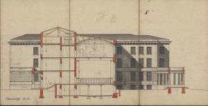 Projekt szkoły powszechnej w Łodzi przy ul. Drewnowskiej nr. 88, przekr&oacute;j A-B, 1923 r.