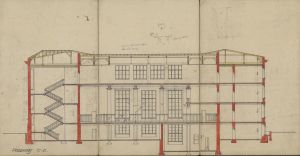 Projekt szkoły powszechnej w Łodzi przy ul. Drewnowskiej nr. 88, przekr&oacute;j C-D, 1923 r.
