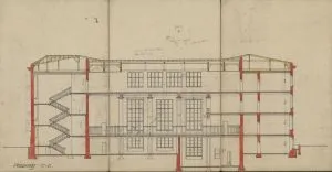 Projekt szkoły powszechnej w Łodzi przy ul. Drewnowskiej nr. 88, przekr&oacute;j C-D, 1923 r.