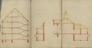 Projekt szkoły powszechnej w Łodzi przy ul. Nowo- Marysińskiej nr. 2 (obecnie ul. Staszica), elewacja frontowa, przekroje, 1923 r. 