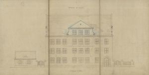 Projekt szkoły powszechnej w Łodzi przy ul. Nowo- Marysińskiej nr. 2 (obecnie ul. Staszica), widok od ulicy, 1923 r.