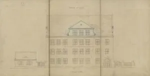 Projekt szkoły powszechnej w Łodzi przy ul. Nowo- Marysińskiej nr. 2 (obecnie ul. Staszica), widok od ulicy, 1923 r.