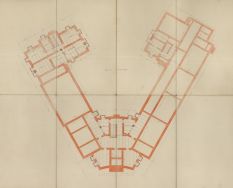Projekt budowy 8 klasowej szkoły powszechnej przy zbiegu ul. Krzemienieckiej z szosą Konstantynowską w Łodzi, rzut podziemia, 1927 r.
