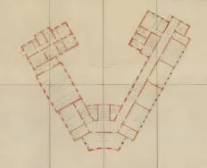 Projekt budowy 8 klasowej szkoły powszechnej przy zbiegu ul. Krzemienieckiej z szosą Konstantynowską w Łodzi, rzut I pietra, 1927 r.