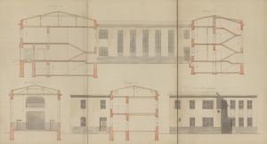 Projekt budowy 8 klasowej szkoły powszechnej przy zbiegu ul. Krzemienieckiej z szosą Konstantynowską w Łodzi, przekroje, 1927 r.
