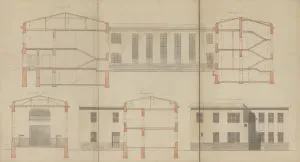 Projekt budowy 8 klasowej szkoły powszechnej przy zbiegu ul. Krzemienieckiej z szosą Konstantynowską w Łodzi, przekroje, 1927 r.