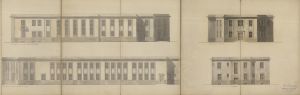 Projekt budowy 8 klasowej szkoły powszechnej przy zbiegu ul. Krzemienieckiej z szosą Konstantynowską w Łodzi, elewacje, 1927 r.