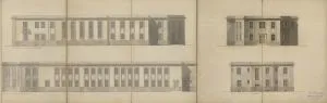 Projekt budowy 8 klasowej szkoły powszechnej przy zbiegu ul. Krzemienieckiej z szosą Konstantynowską w Łodzi, elewacje, 1927 r.