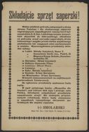 Odezwa majora Sztabu Generalnego i Szefa Wydziału IV Sztabu DOGŁ Władysława Smolarskiego wzywająca wszystkich obywateli do dobrowolnego składania na potrzeby armii narzędzi saperskich, drutu kolczastego itp., b.d.