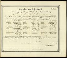 Świadectwo dojrzałości Jana Kowalewskiego wydane przez 7-klasową Szkołę Handlową Kupiectwa Ł&oacute;dzkiego, Ł&oacute;dź  24 VI 1910 r.