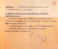 Uchwała Rady Miejskiej w Łodzi z 3 XI 1920 r. w sprawie przemianowania ul. Zarzewskiej na ul. im. Napi&oacute;rkowskiego.