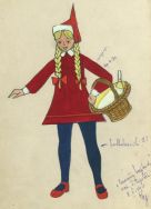 Projekt kostiumu czerwonego kapturka do sztuki Czerwony Kapturek (premiera 24 listopad 1974 r.). APŁ, Teatr Powszechny w Łodzi, sygn.662.s.2