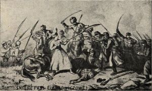 Śmierć bohaterskiej Marii Piotrowiczowej w bitwie pod Dobrą 24 lutego 1863 r. APŁ, Zbi&oacute;r album&oacute;w ikonograficznych APŁ, sygn. A-167.