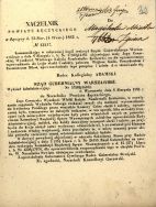 Treść reskryptu Rządu Gubernialnego Warszawskiego z 6 sierpnia 1863 r. o ograniczeniu wwożenia saletry i siarki do Kr&oacute;lestwa Polskiego. APŁ, Akta miasta 39. Zgierza, sygn. 347, s. 32.