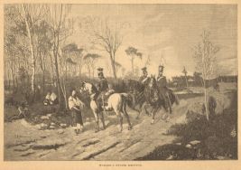 Ułani z czas&oacute;w Kr&oacute;lestwa Kongresowego na drzeworycie Bronisława Puca wg obrazu Tadeusza Ajdukiewicza (koniec XIX w.).