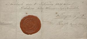 Fragment dokumentu z pieczęcią pułku ułan&oacute;w Legii Nadwiślańskiej i autografem jego dow&oacute;dcy płk. Andrzeja Kroczyńskiego, Kopki 1 XI 1831 r.